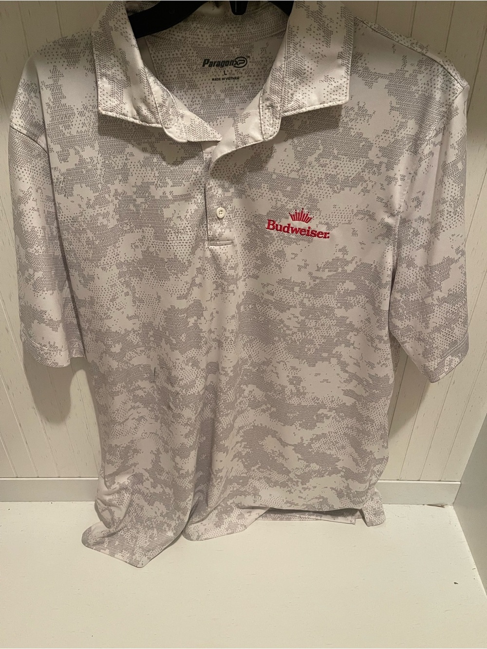 Budweiser Paragon 28 Men's Large Performance Golf Polo Gray Camo Beer Shirt